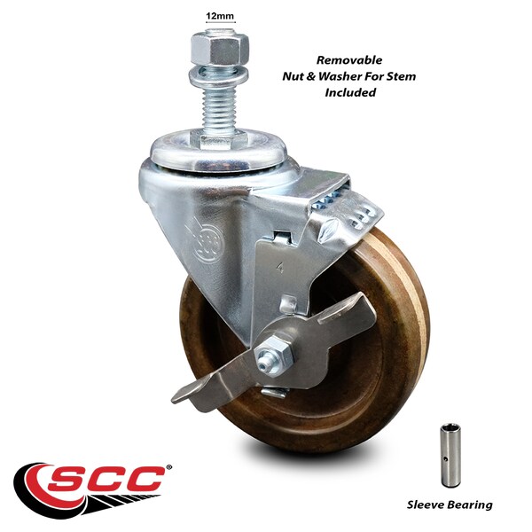 4 Inch High Temp Phenolic Wheel Swivel 12mm Threaded Stem Caster with Brake